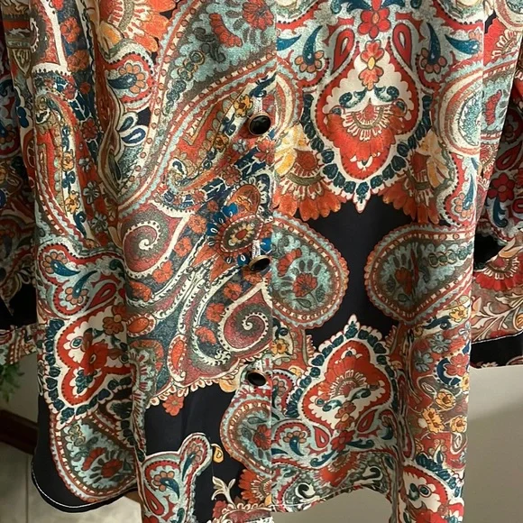 SHEIN multi paisley floral Boho satin feel button down shirt oversized Small - Picture 4 of 11